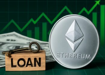 Ethereum con gráficas verdes y un cartel de "prestamos" en inglés.