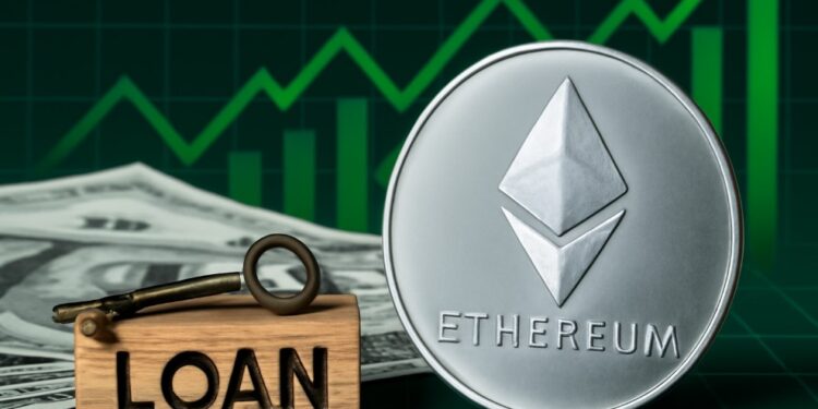 Ethereum con gráficas verdes y un cartel de "prestamos" en inglés.