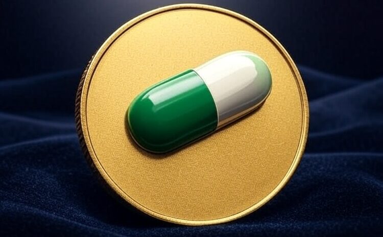 Una moneda dorada de una píldora verde y blanca.