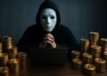 Satoshi Nakamoto con bitcoin en un escritorio.