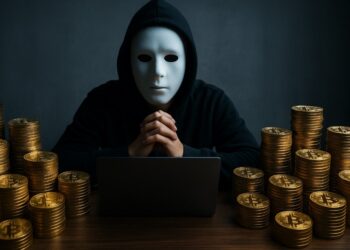 Satoshi Nakamoto con bitcoin en un escritorio.