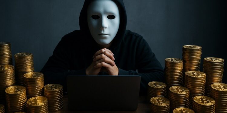 Satoshi Nakamoto con bitcoin en un escritorio.