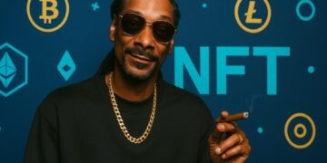Snoop Dogg con criptomonedas alrededor.