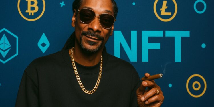 Snoop Dogg con criptomonedas alrededor.