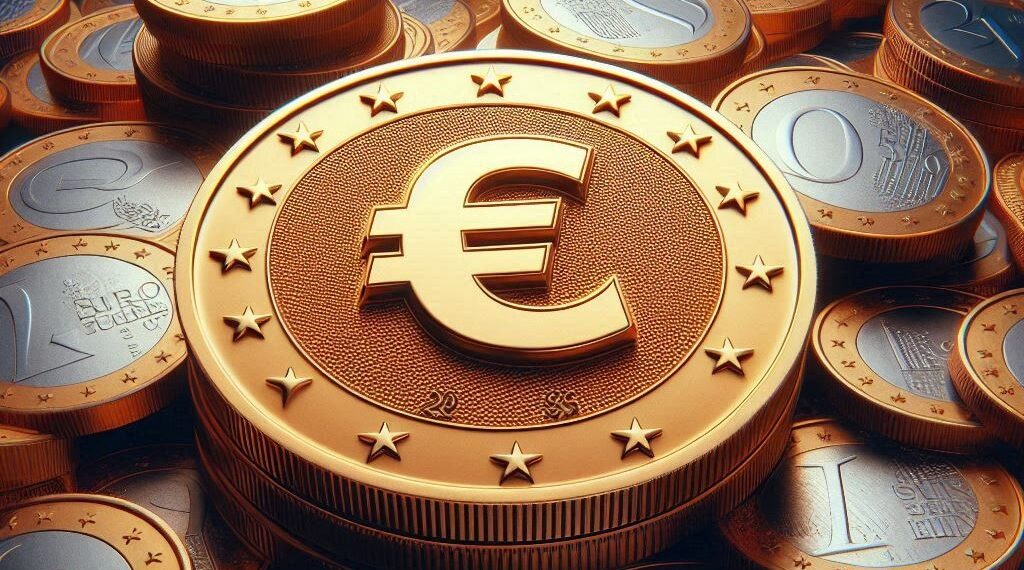 una moneda dorada con el logo del euro en el centro y con un lote de monedas en el fondo.
