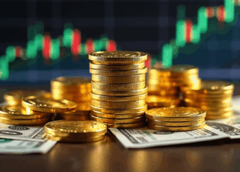 monedas doradas sobre dólares.