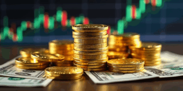 monedas doradas sobre dólares.