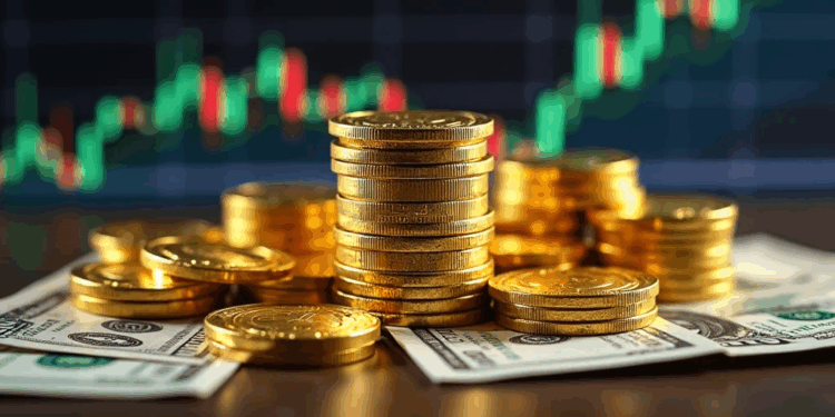 monedas doradas sobre dólares.
