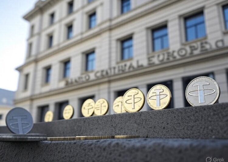 Banco Central de Europa en el fondo y monedas de Tether al frente.
