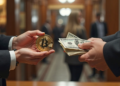 dos personas intercambiando bitcoin por dólares.