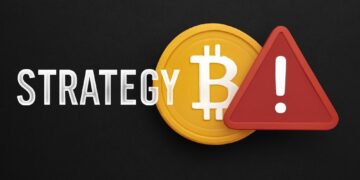 Strategy, bitcoin y símbolo de alerta.