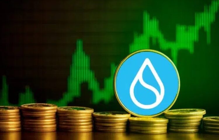 SUI sobre monedas y gráficas verdes de fondo.