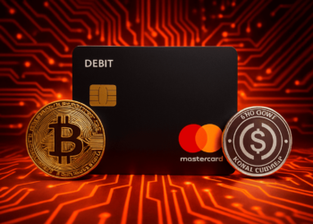una tarjeta de debito junto a monedas de BTC y USDC.