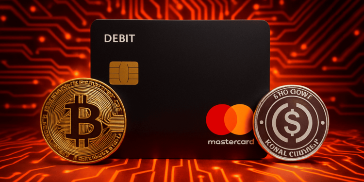 una tarjeta de debito junto a monedas de BTC y USDC.