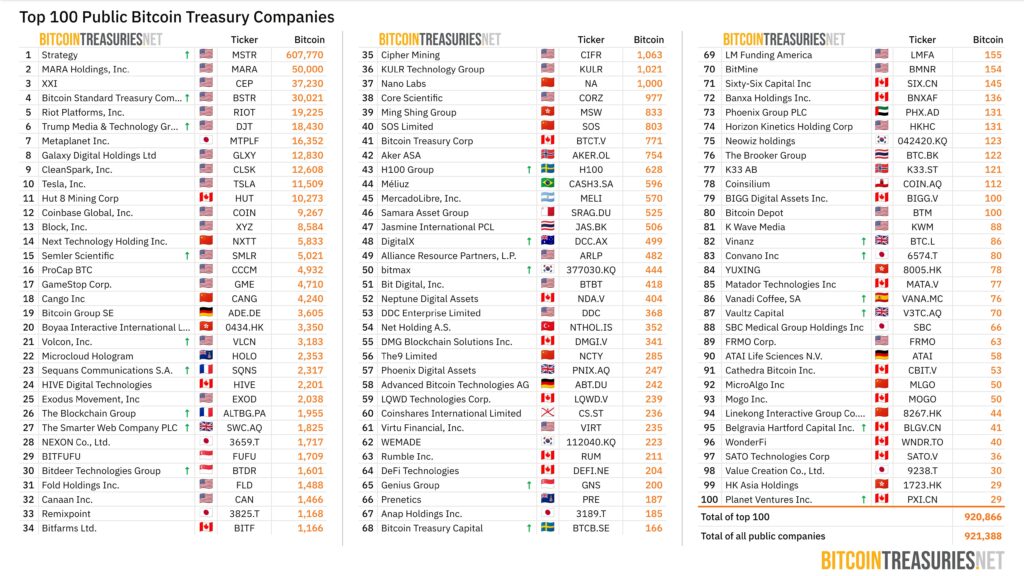 Lista de 100 empresas con más bitcoin acumulado.