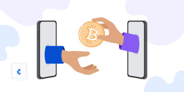 Una mano, que sale de la pantalla de un teléfono celular, entrega un bitcoin a otra que también sale de un teléfono.