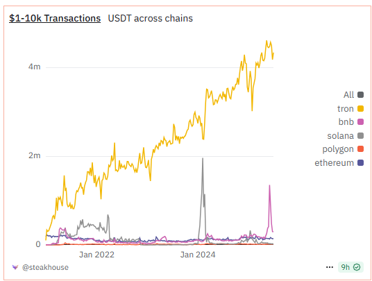 Gráfico que refleja las transacciones de entre 1 y 10.000 USDT en las principales redes.