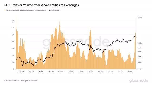 Graph that shows the price of Bitcoin with whale transfers to exchanges.