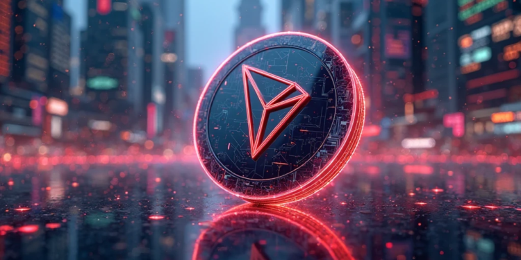 Moneda de Tron con un fondo urbano moderno.
