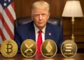 Trump en un escritorio con criptomonedas.