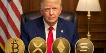 Trump en un escritorio con criptomonedas.