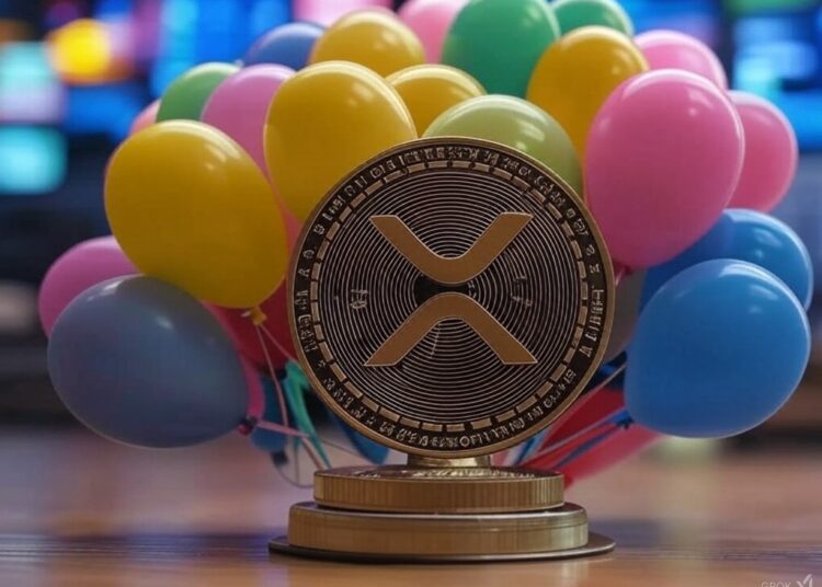 Una moneda de XRP rodeada de globos de colores.