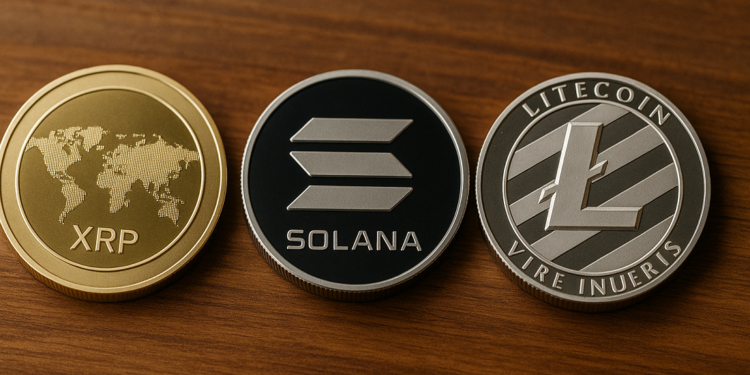 Monedas físicas de XRP, solana y litecoin.