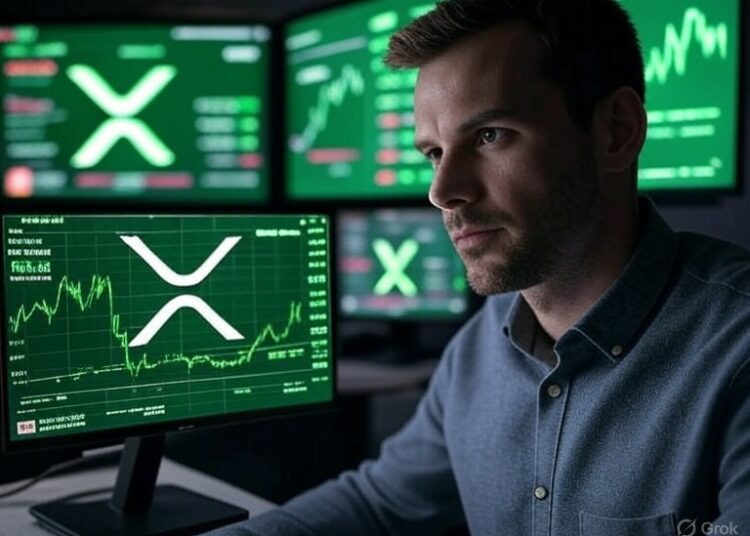 Un inversionista junto a pantallas con gráficos de precio de XRP.