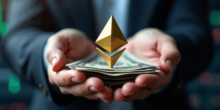 logo de Ethereum y unas manos con dinero.