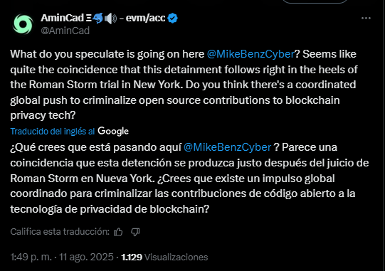 Un mensaje en X sobre la detención de un desarrollador de Ethereum en Turquía.