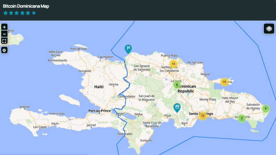 mapa que muestra los comercios que aceptan bitcoin en República Dominicana.