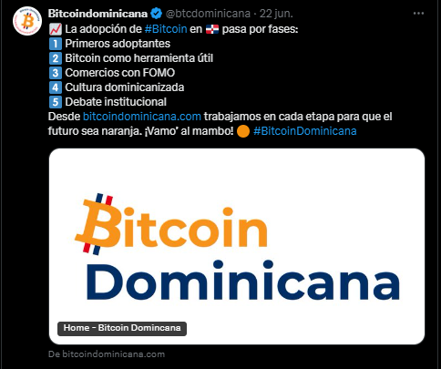 Un mensaje en X de Bitcoin Dominicana en el se detalla la ruta definida para impulsar la adopción en la isla.