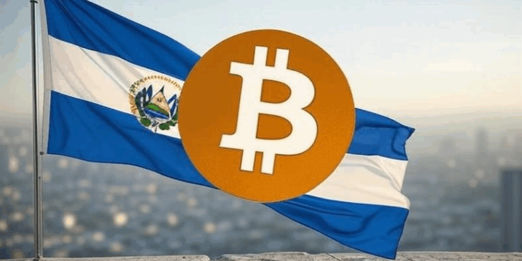 Una bandera de El Salvador con una moneda de Bitcoin en primer plano.
