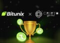 Copa dorada con criptomonedas flotando alrededor, logo de Bitunix y Cripto Latin Fest