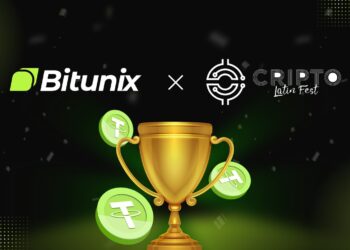 Copa dorada con criptomonedas flotando alrededor, logo de Bitunix y Cripto Latin Fest