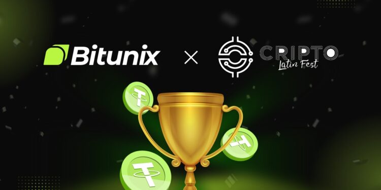 Copa dorada con criptomonedas flotando alrededor, logo de Bitunix y Cripto Latin Fest