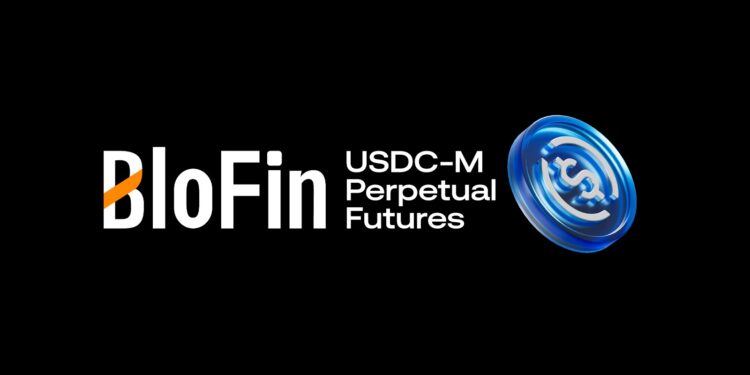 Moneda USDC flotando en fondo negro y logo de BloFin