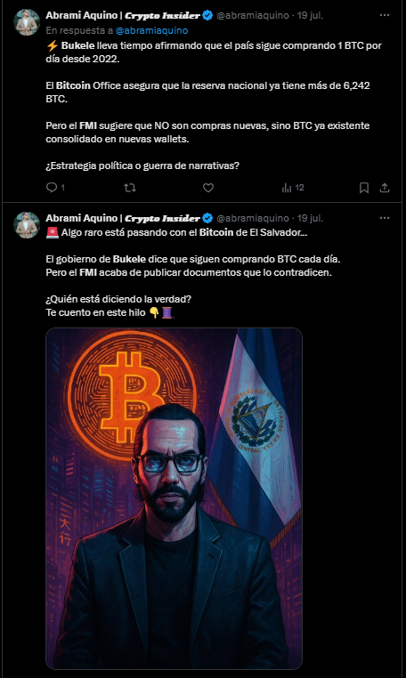 Mensaje sobre Bukele y bitcoin en El Salvador de un usuario de X.
