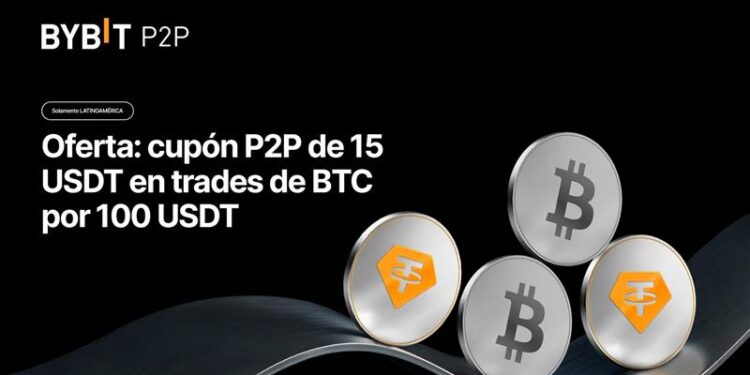 Bitcoins y Ethereums plateados sobre rampa ondulante en fondo negro y logo de Bybit.