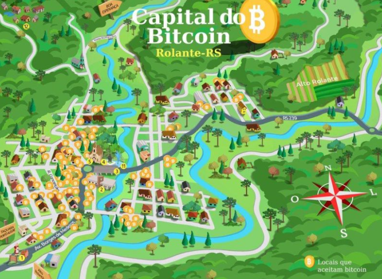 Un mapa muestra la cantidad de comercios ue aceptan bitcoin como forma de pago en Rolante,ciudad de Brasil.