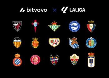 Logos de Bitvavo y Laliga en fondo negro con escudos de equipos de fútbol