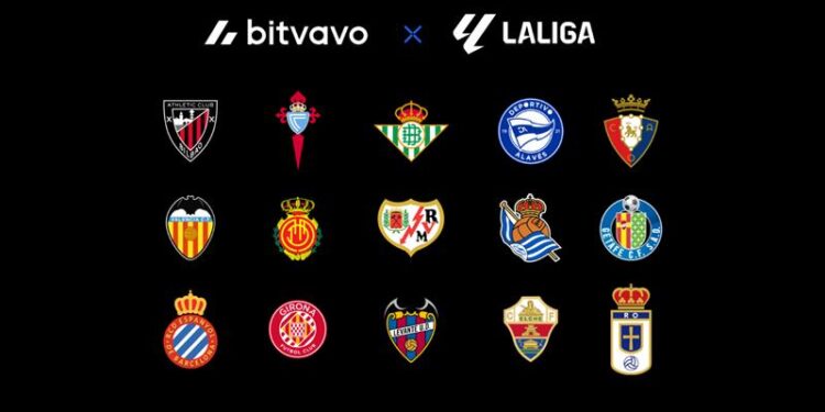 Logos de Bitvavo y Laliga en fondo negro con escudos de equipos de fútbol