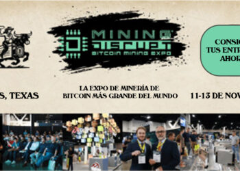 Invitación al evento Mining Disrupt 2025. En la parte superior: Dallas, Texas- noviembre 11-13. Obtener entradas. Y en la parte superior: un collage que muestra detalles de la conferencia con fotografías de referencia.