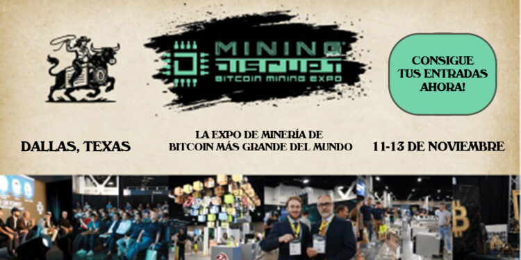 Invitación al evento Mining Disrupt 2025. En la parte superior: Dallas, Texas- noviembre 11-13. Obtener entradas. Y en la parte superior: un collage que muestra detalles de la conferencia con fotografías de referencia.