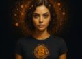 Mujer joven de pelo corto y color castaño, piel blanca y ojos marrones con camiseta con el logo de bitcoin.