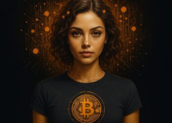Mujer joven de pelo corto y color castaño, piel blanca y ojos marrones con camiseta con el logo de bitcoin.