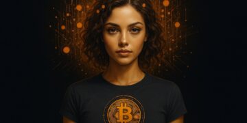 Mujer joven de pelo corto y color castaño, piel blanca y ojos marrones con camiseta con el logo de bitcoin.