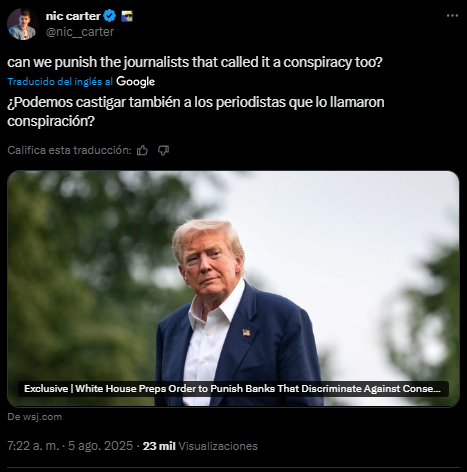 Comentario del analista bitcoiner Nic Carter sobre la operación Chokepoint y la nueva orden ejecutiva firmada por Donald Trump.