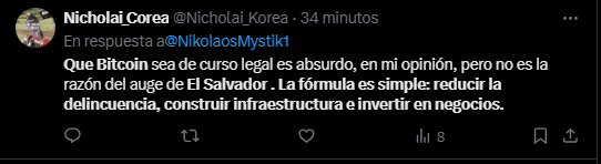Comentario en X sobre el proyecto bitcoin de El Salvador y la gestión de Bukele.