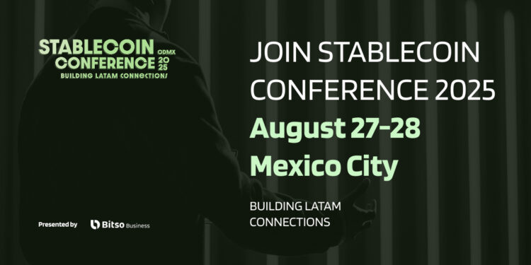 Conferencista a fondo con difuminado oscuro. En el lado izquierdo, el nombre el evento “STABLECOIN CONFERENCE 2025 CDMX” presentado por Bitso Business. Del lado derecho, la invitación a la conferencia en agosto 27-28.